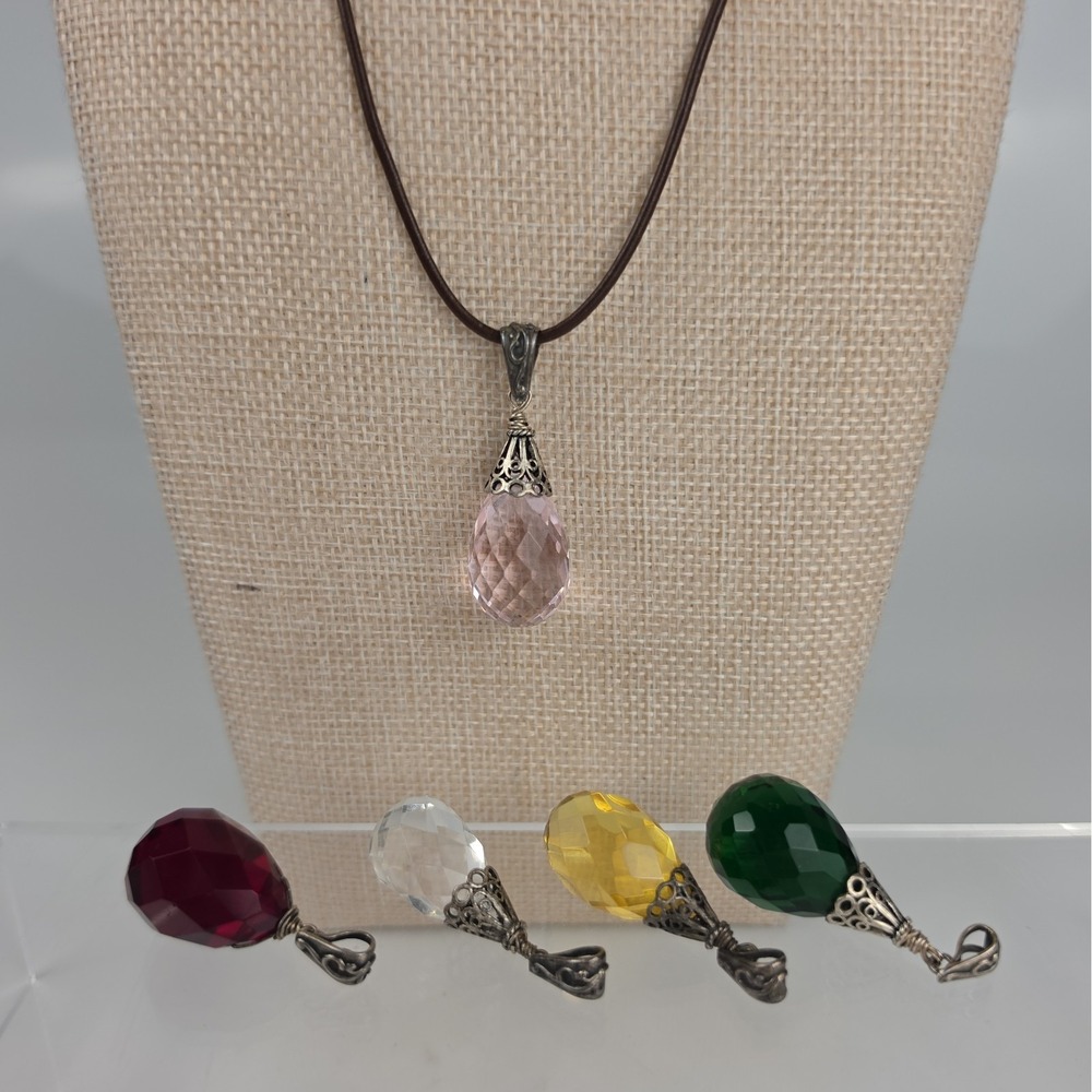 Sterling Silver 925 Leather Necklace w/ 5 Cut Crystal Interchangeable Pendants